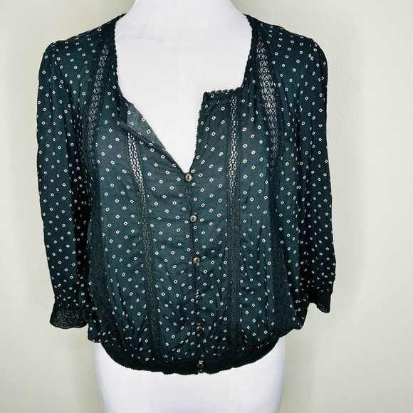 Free People Tops - NWT Free People Top SMALL Washed Black V-Neck Button Up Lace Panels Blouse Print